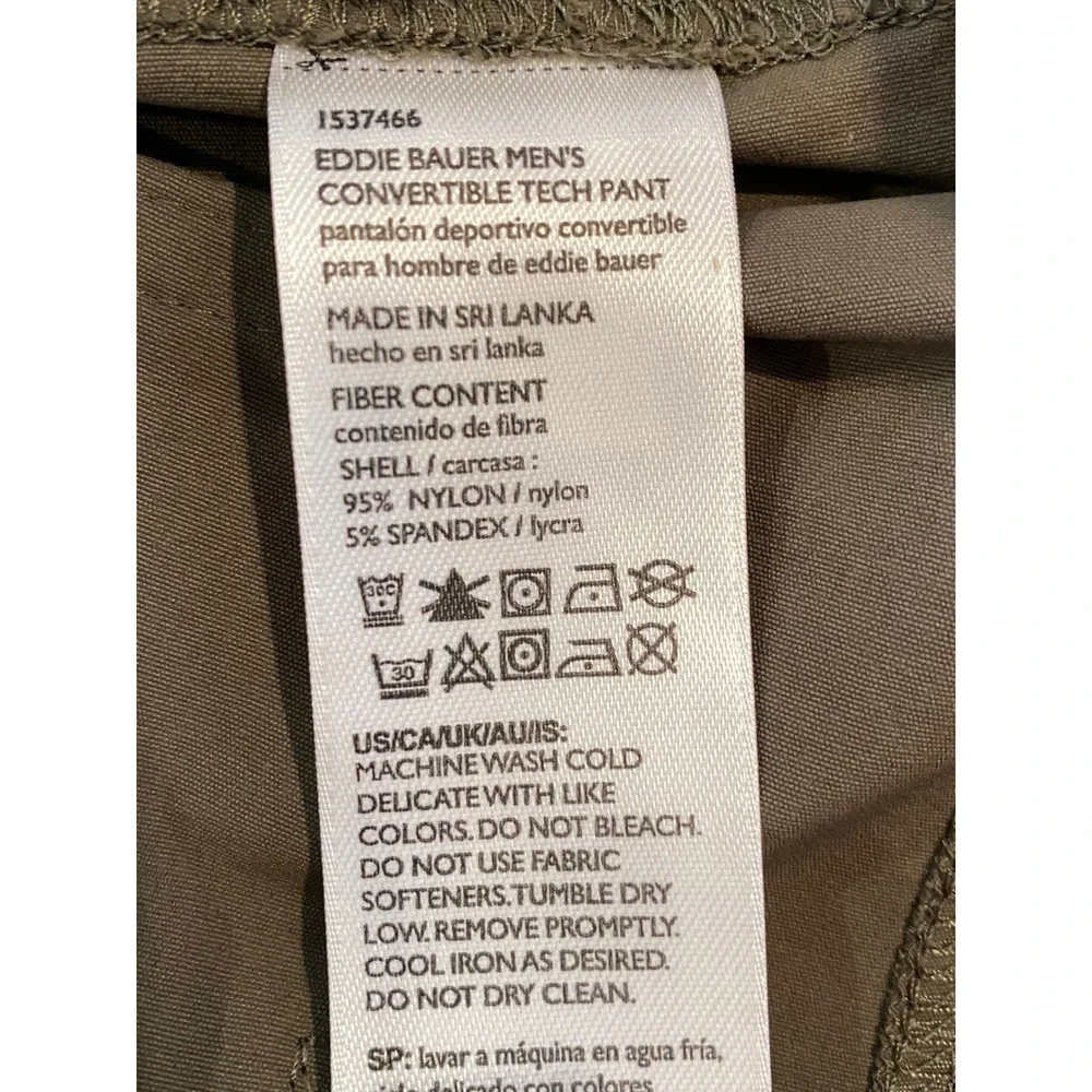 Eddie Bauer Mens Convertible Tech Pant Olive Green 38x30‎ Zip Off Hiking Shorts